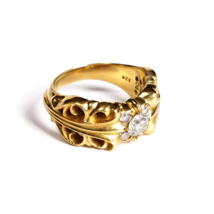 22K Gold Double Floral Ring With 5 Diamonds