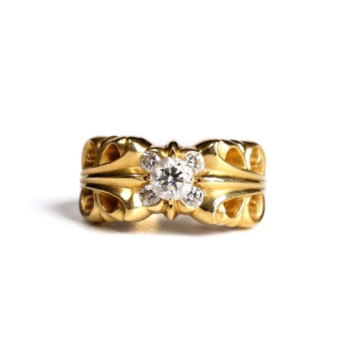 22K Gold Double Floral Ring With 5 Diamonds